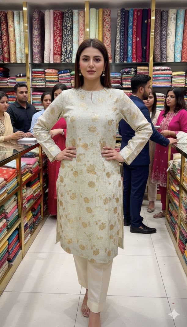 🥳Big Sale Sale M-6425  Imported Fancy Kehkishan Zaree Moonlight Shirt & Kattan Silk inner with Truzer