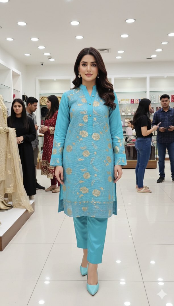 🥳Big Sale Sale M-6423  Imported Fancy Kehkishan Zaree Moonlight Shirt & Kattan Silk inner with Truzer