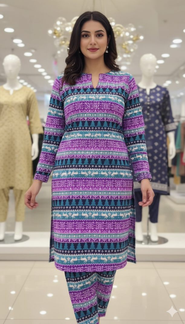 🥳 Big Sale Sale M-76   Imported Luxury Korean Kotrai Woolen Velvet Same print Shirt & Truzer 2pc