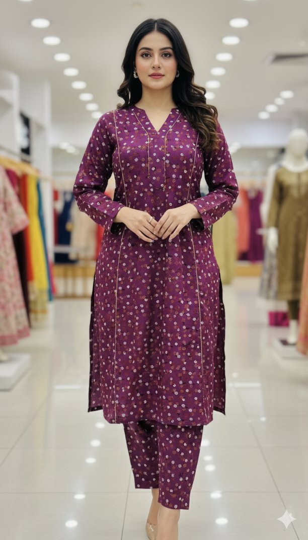 🥳 Big Sale Sale M-69  Imported Luxury Korean Kotrai Woolen Velvet Same print Shirt & Truzer 2pc