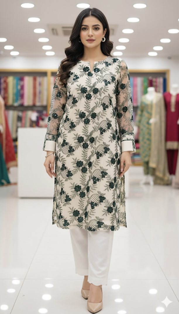 🥳 Sale Sale M-119  Imported Fancy Squance Work Embroidery in obera Net Shirt & Kattan silk inner with trouser