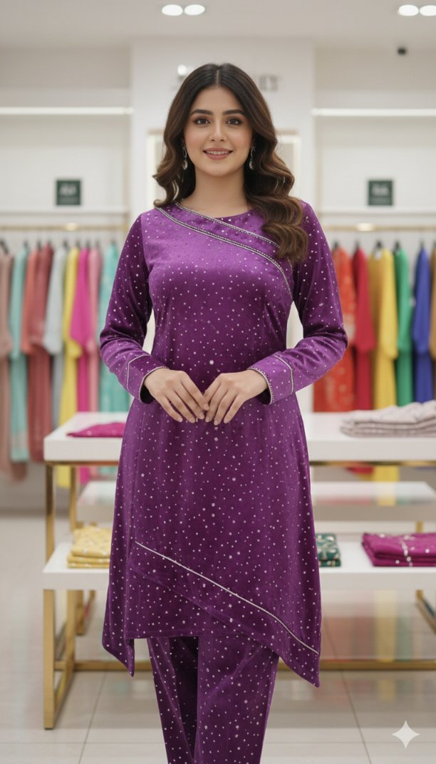 🥳 Big Sale M-250 Imported Digital Korean Velvet With Embossed Citara Same print Shirt & Truzer 2pc