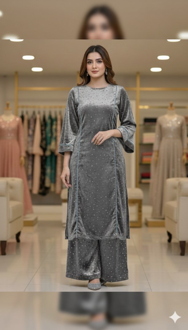 🥳 Big Sale M-249 Imported Digital Korean Velvet With Embossed Citara Same print Shirt & Truzer 2pc