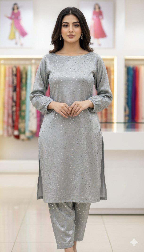 🥳 Big Sale M-248 Imported Digital Korean Velvet With Embossed Citara Same print Shirt & Truzer 2pc