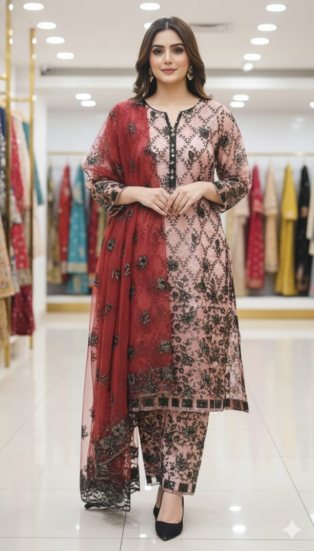 🥳 Sale Sale M-329 Imported Fancy sauance work embroidery in obera net Shirt & Duppta 2pc