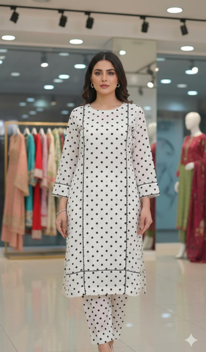 🥳 Sale Sale M-484 Imported Embossed Velvet Polka Chen Summer Self  Paper Silky Lawn Same print Shirt & Truzer 2pc