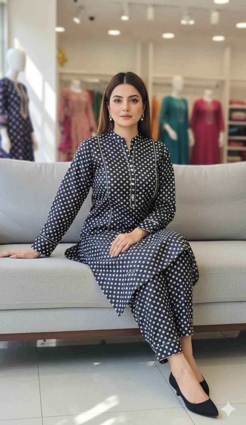 M-540  Imported Digital Polka Design Pure Summer ⛱️ Lawn Same print Shirt & Truzer 2pc