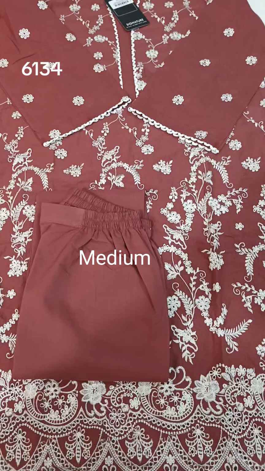 🥳 Sale Sale M-6134 Image Brand Women Stitch ChickenKari Embroidery ⛱️ Summer Lawn Shirt & Truzer 2pc.  (Women Medium Size (Length 38.5 & Chest 21)