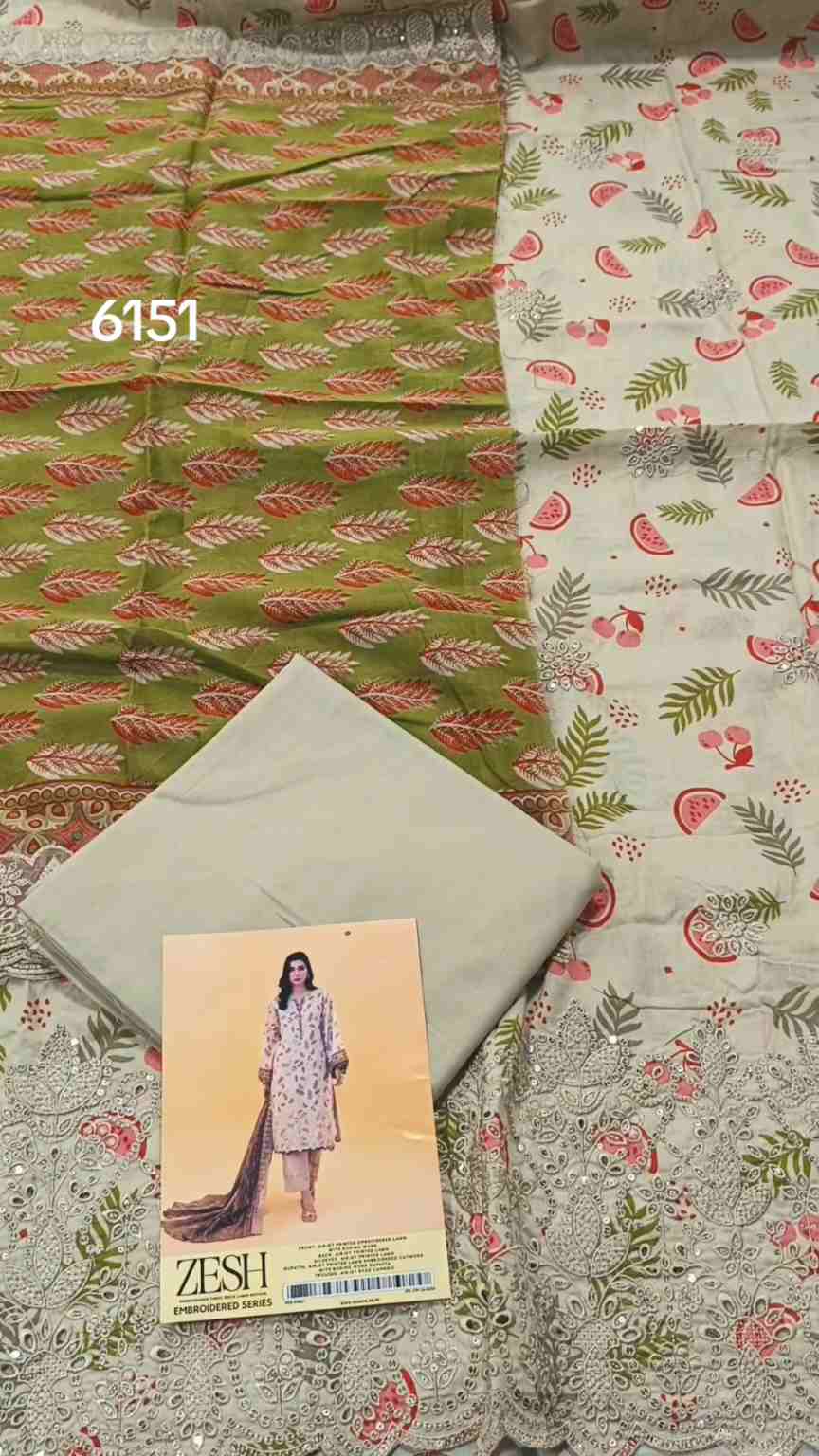 🥳 Sale Sale M-6151   Branded Zesh squance Work Chickenkari Lawn 3pc suit