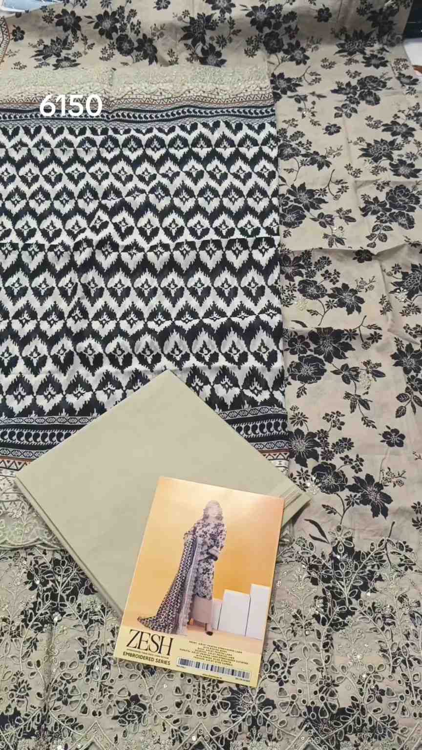 🥳 Sale Sale M-6150   Branded Zesh squance Work Chickenkari Lawn 3pc suit