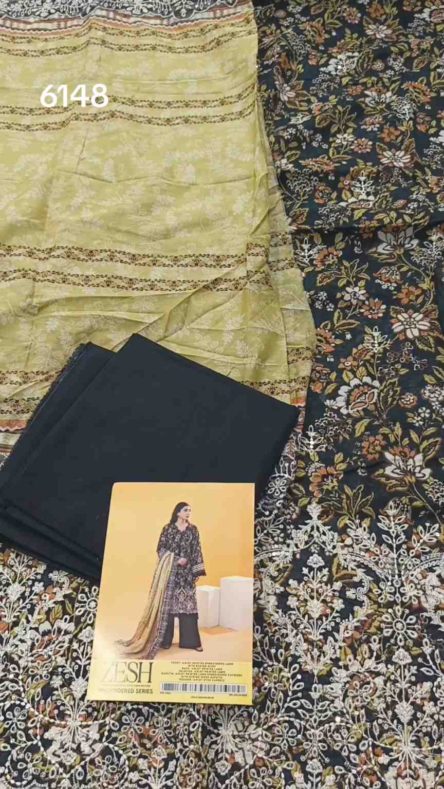 🥳 Sale Sale M-6148   Branded Zesh squance Work Chickenkari Lawn 3pc suit