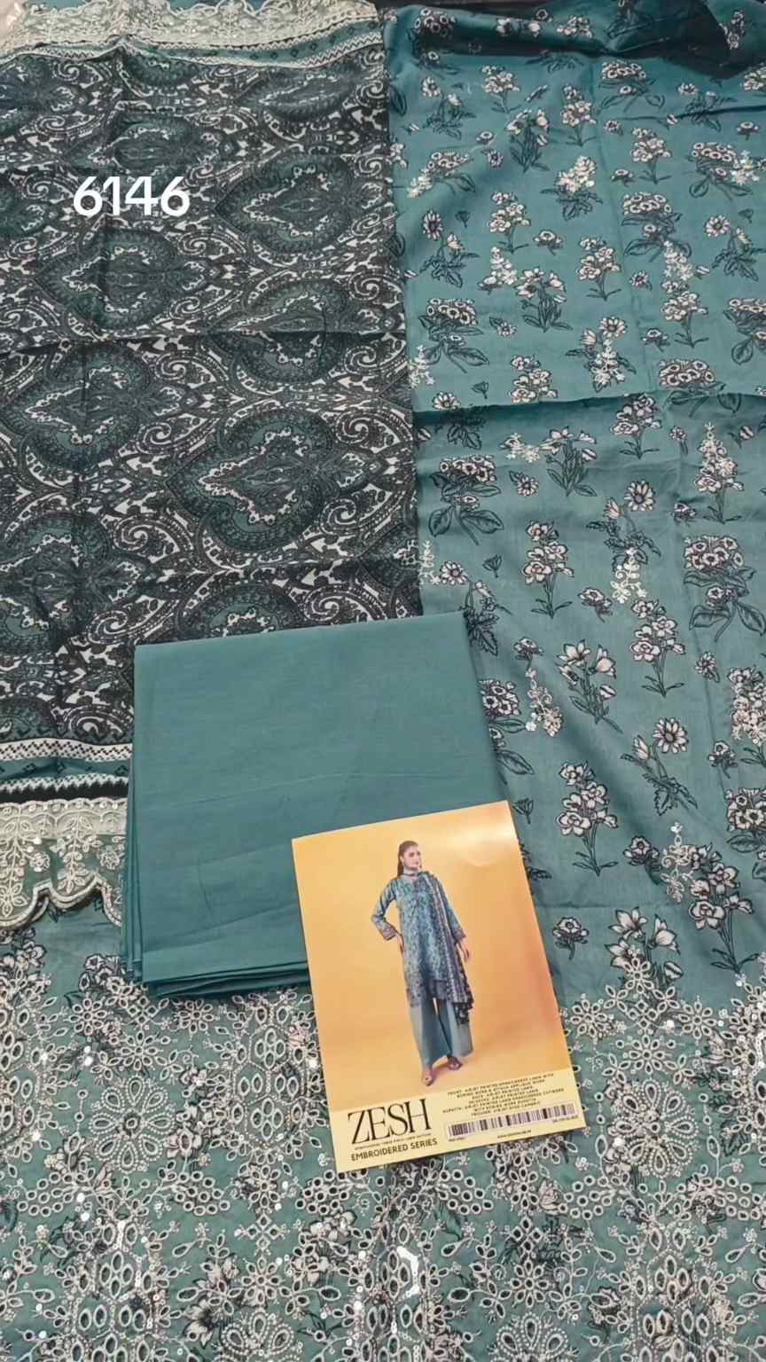 🥳 Sale Sale M-6146   Branded Zesh squance Work Chickenkari Lawn 3pc suit
