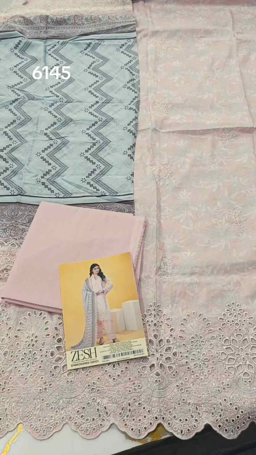 🥳 Sale Sale M-6145   Branded Zesh squance Work Chickenkari Lawn 3pc suit