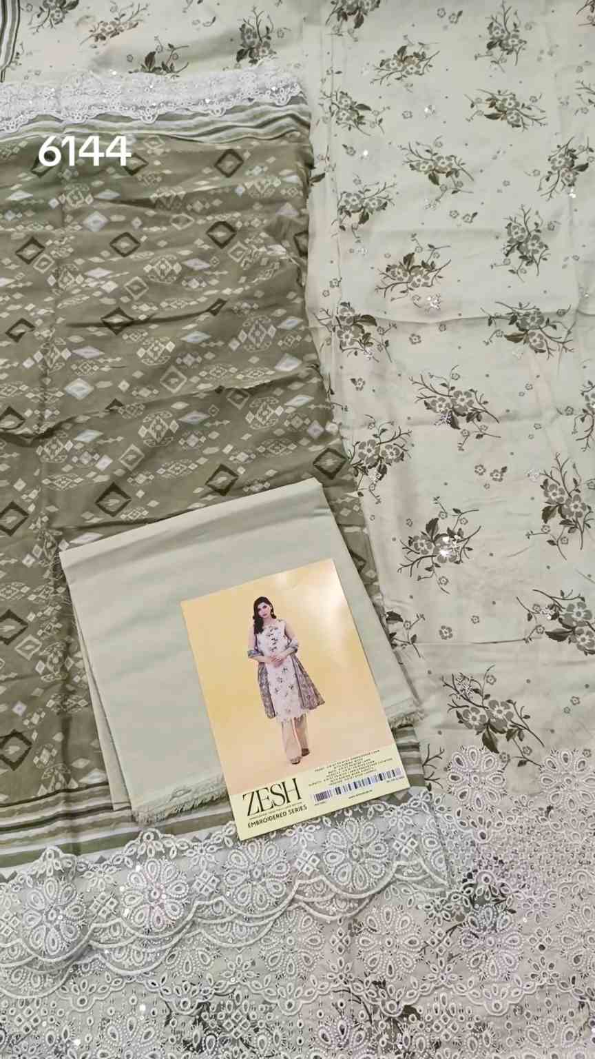 🥳 Sale Sale M-6144   Branded Zesh squance Work Chickenkari Lawn 3pc suit