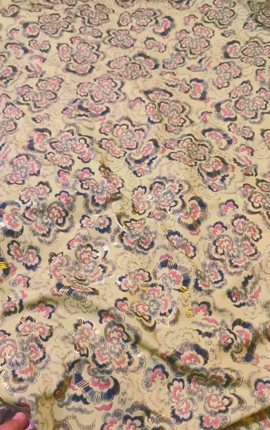 🥳 Sale Sale M-1025  Imported Embossed Gold Lekar paint  (Lawn+ Silk) Mix Summer voil Silk Stuff Same print Shirt & Trouser 2pc