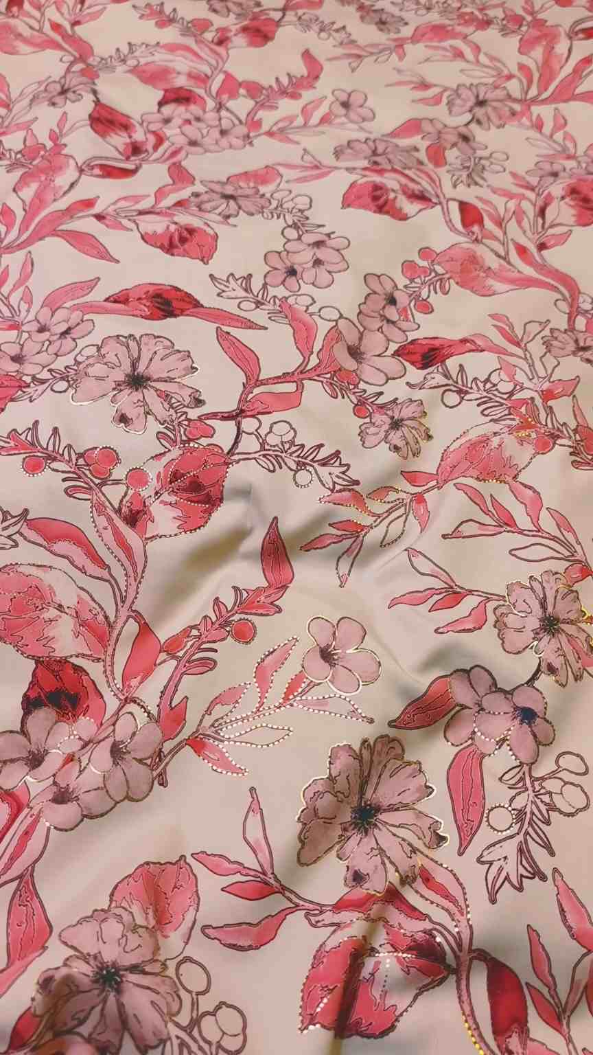 🥳 Sale Sale M-1023  Imported Embossed Gold Lekar paint  (Lawn+ Silk) Mix Summer voil Silk Stuff Same print Shirt & Trouser 2pc