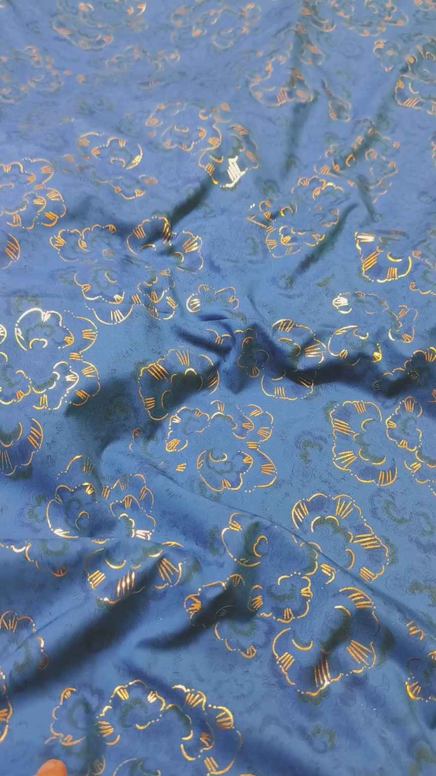 🥳 Sale Sale M-1247   Imported Embossed Gold Lekar paint (Lawn+ Silk) Mix Summer voil Silk Stuff Same print Shirt & Trouser 2pc -