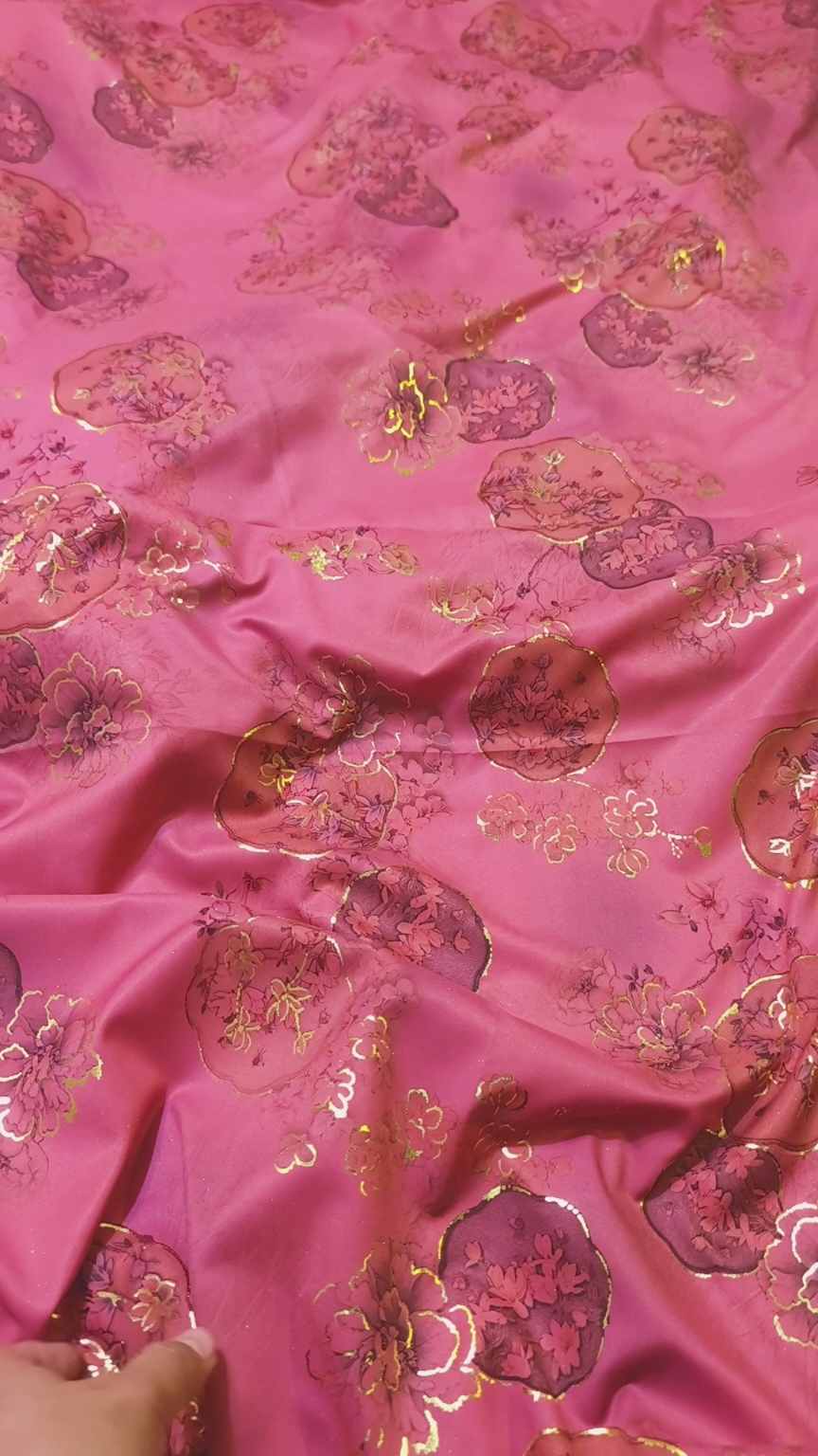 🥳 Sale Sale M-1243   Imported Embossed Gold Lekar paint (Lawn+ Silk) Mix Summer voil Silk Stuff Same print Shirt & Trouser 2pc -