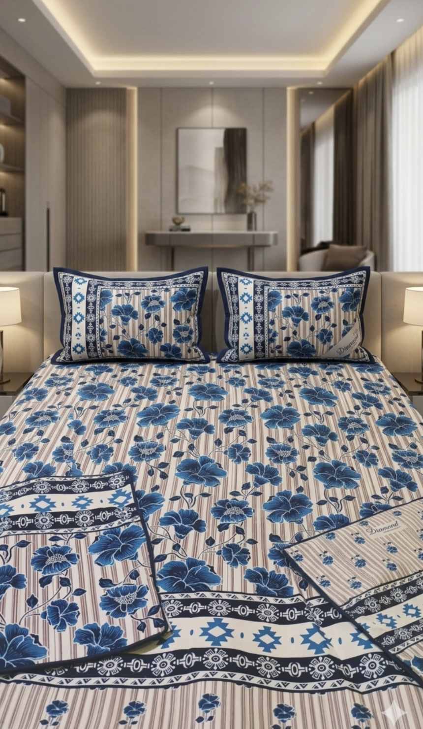 Sale Sale M-1347  Diamond Branded Crystal Cotton Double BedSheet with 2 pillow