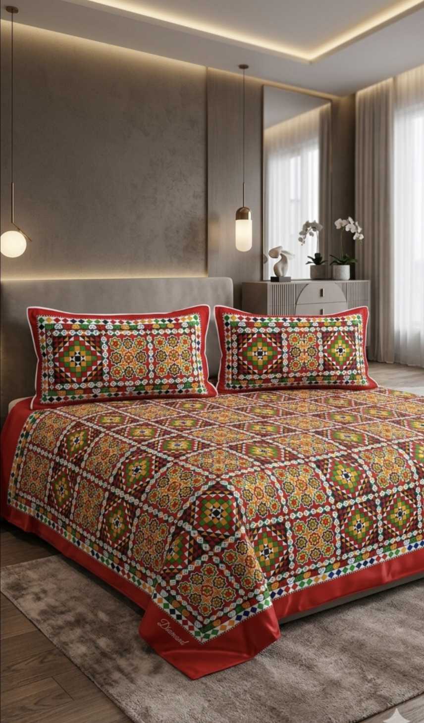 Sale Sale M-1346  Diamond Branded Crystal Cotton Double BedSheet with 2 pillow