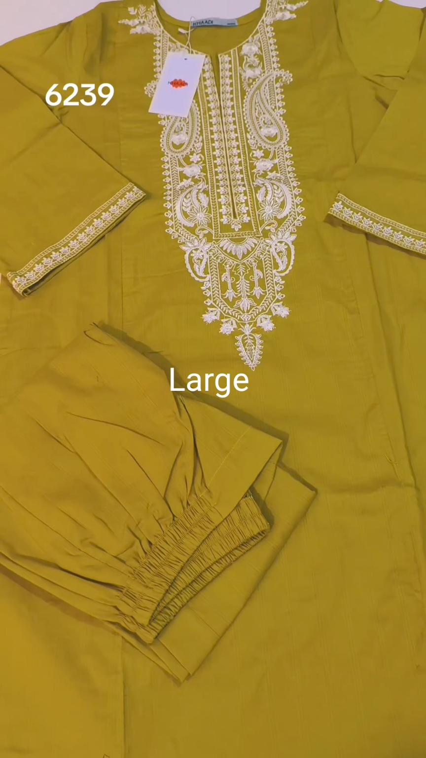 🥳 Sale Sale M-6239   (Khaadi) Brand, Women Stitch Embroidery ⛱️ Summer Lawn Shirt & Shalwar 2pc.  (Women Large Size (Length 39.5 & Chest 22)