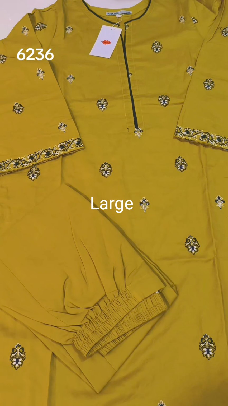 🥳 Sale Sale M-6236   (Khaadi) Brand, Women Stitch Embroidery ⛱️ Summer Lawn Shirt & Shalwar 2pc. (Women Large Size (Length 39.5 & Chest 22)