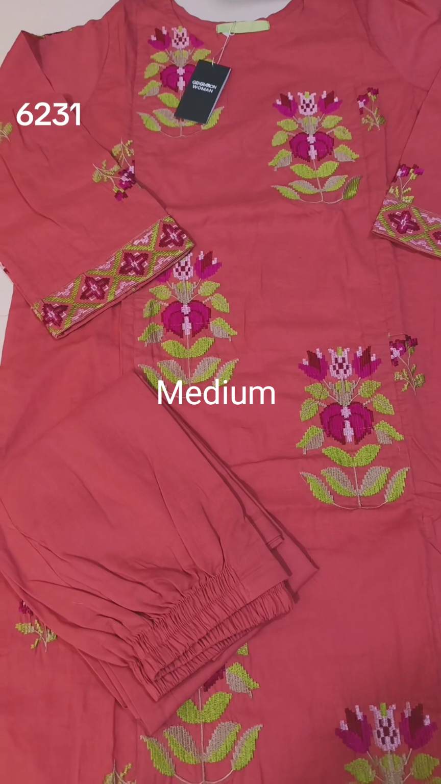 🥳 Sale Sale M-6231  (Generation) Brand, Women Stitch Embroidery ⛱️ Summer Lawn Shirt & Shalwar 2pc.  (Women Medium Size (Length 38.5 & Chest 21)