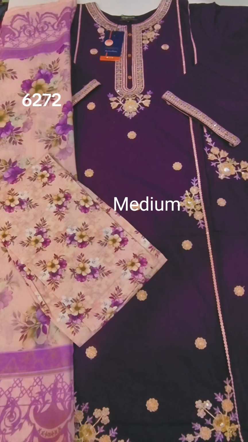 3pc🥳 Biggest Sale M-6272  Branded Khanam Brand 3-D embroidery Stitch Lawn Duppta+ Embroidery Kameez & Shalwar 3pc suit    (Women Medium Size (Length 38.5 & Chest 21)