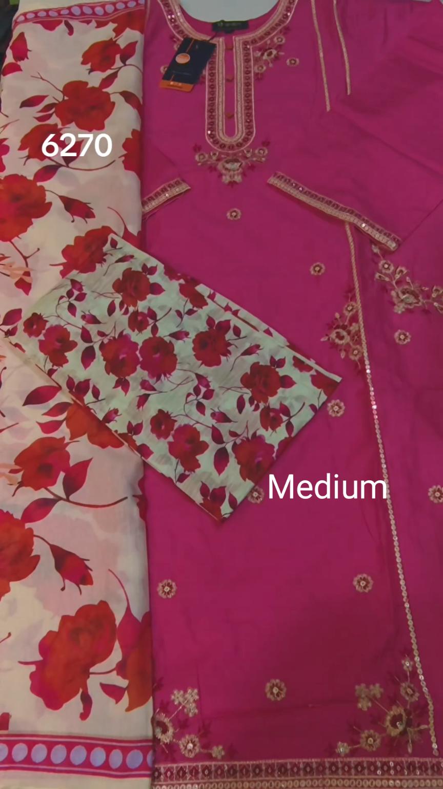 3pc🥳 Biggest Sale M-6270  Branded Khanam Brand 3-D embroidery Stitch Lawn Duppta+ Embroidery Kameez & Shalwar 3pc suit      (Women Medium Size (Length 38.5 & Chest 21)