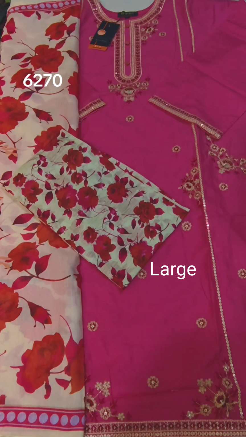3pc🥳 Biggest Sale M-6270  Branded Khanam Brand 3-D embroidery Stitch Lawn Duppta+ Embroidery Kameez & Shalwar 3pc suit   (Women Large Size (Length 39.5 & Chest 22)