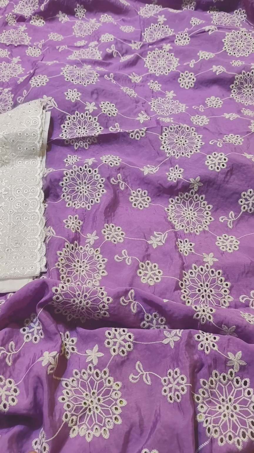M-313  Imported Shiffli ChickenKari embroidery in Fancy Swiss Silky Lawn Stuff Shirt & Chickenkari Cotton Lawn Truzer 2pc