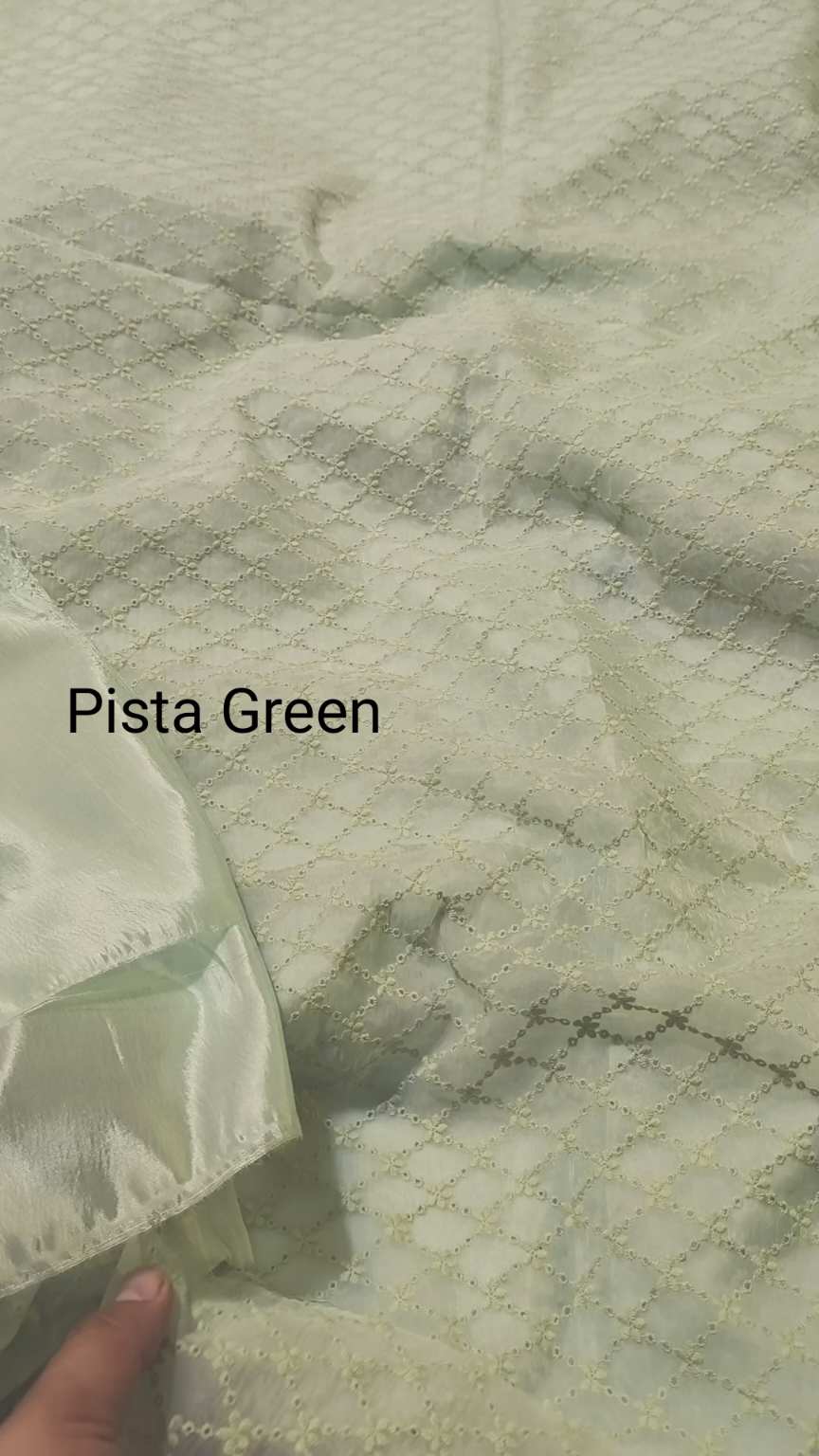 M-311 pista color   Imported Luxury Chickenkari Embroidery In high quality tissue organza ⛱️ Stuff shirt & Kattan Silk inner with Truzer 2pc
