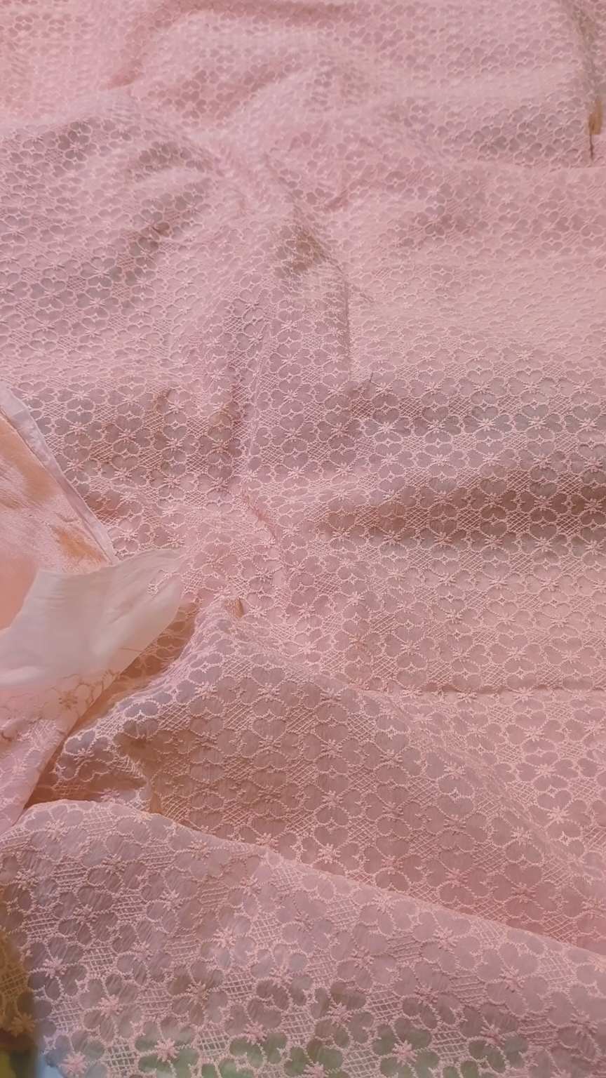 M-310  Peach Color  Imported Luxury Chickenkari Embroidery In high quality tissue organza ⛱️ Stuff shirt & Kattan Silk inner with Truzer 2pc