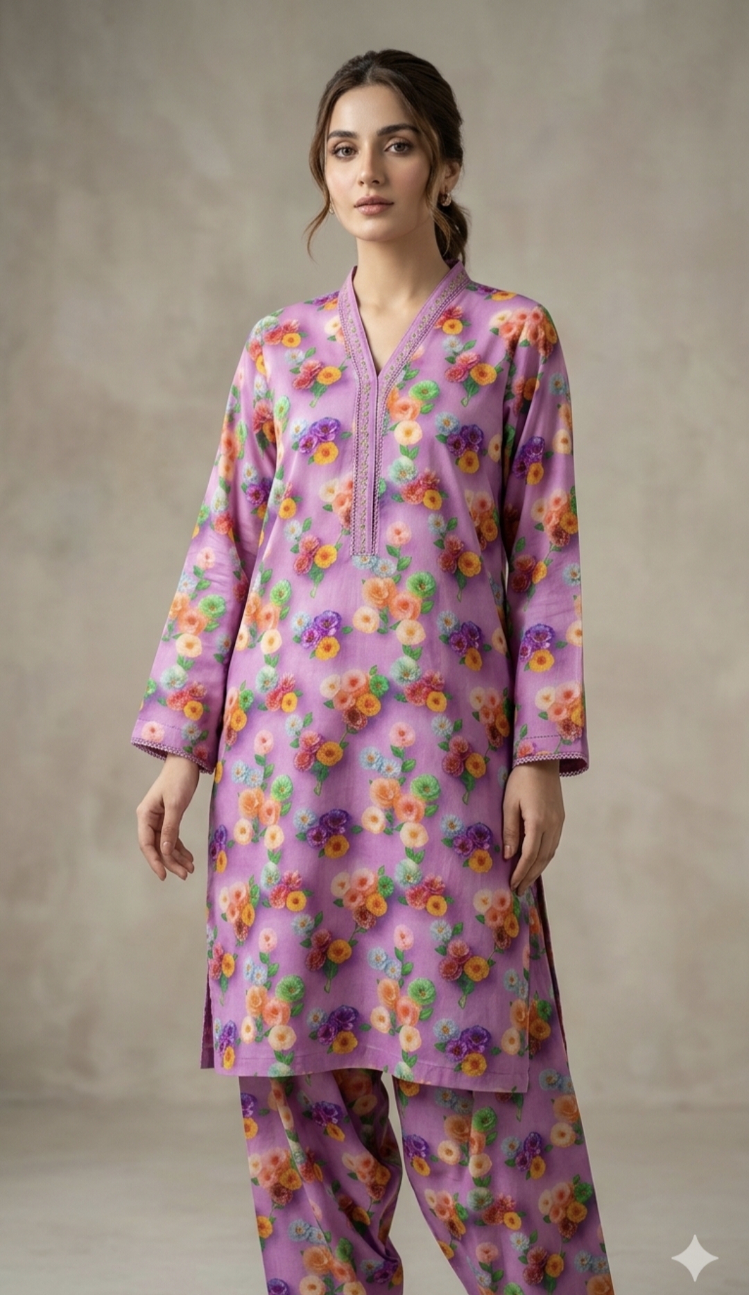 🥳 Big Sale M-446  Rs.1290. Imported 3-D Pure Summer Lawn Same print Shirt & Truzer 2pc