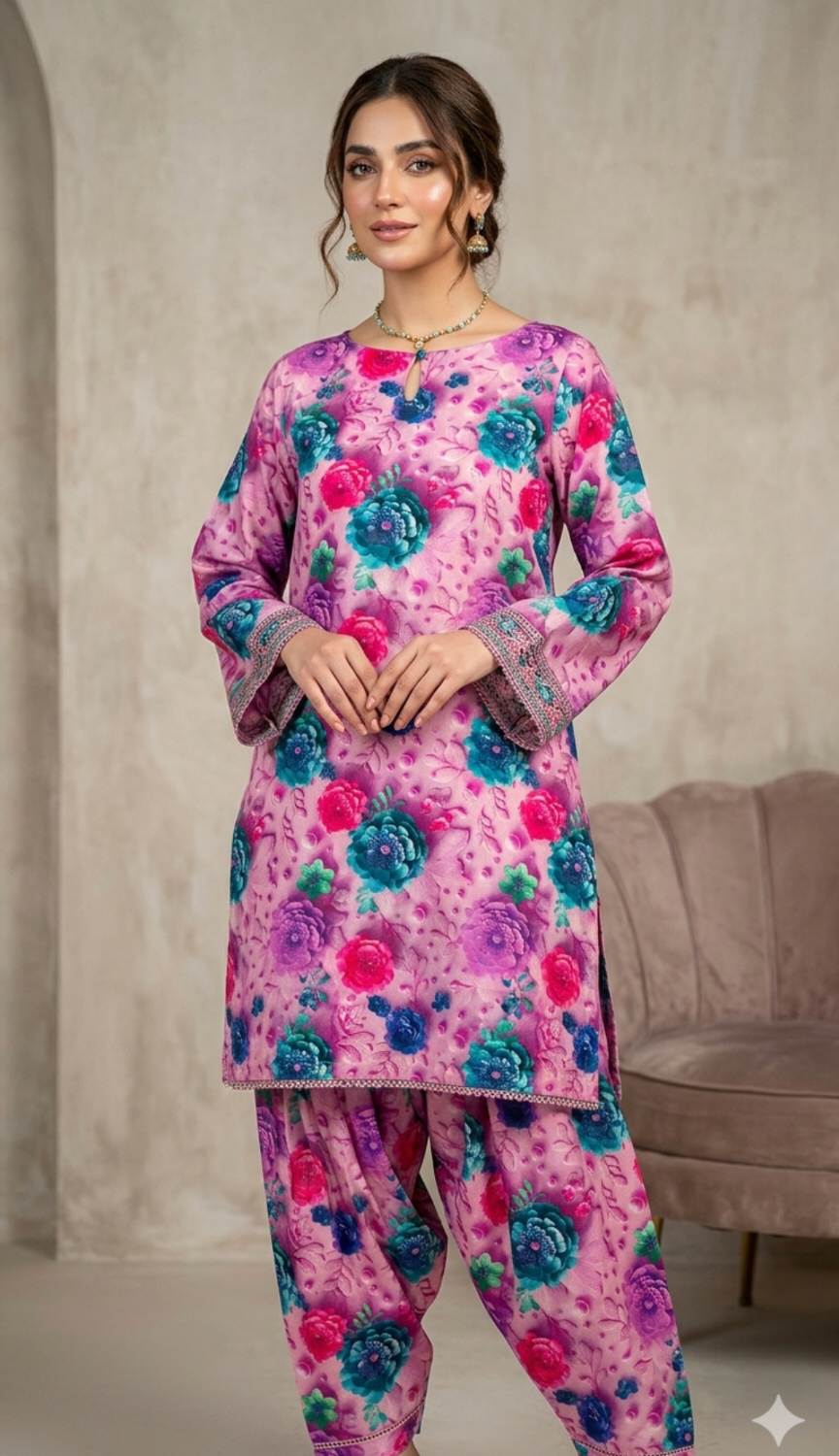 🥳 Big Sale M-444  Rs.1290. Imported 3-D Pure Summer Lawn Same print Shirt & Truzer 2pc