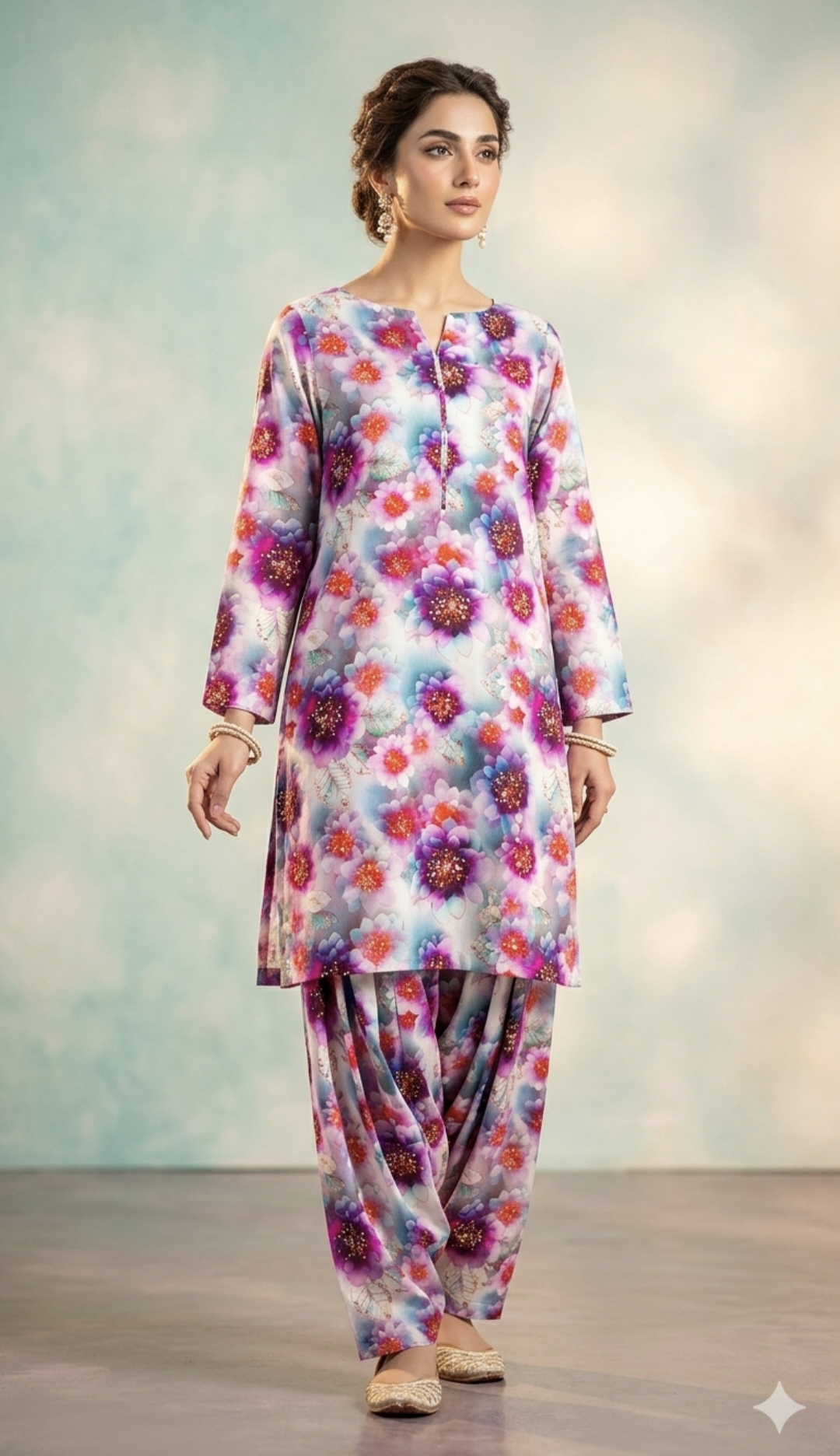 🥳 Big Sale M-443  Rs.1290. Imported 3-D Pure Summer Lawn Same print Shirt & Truzer 2pc