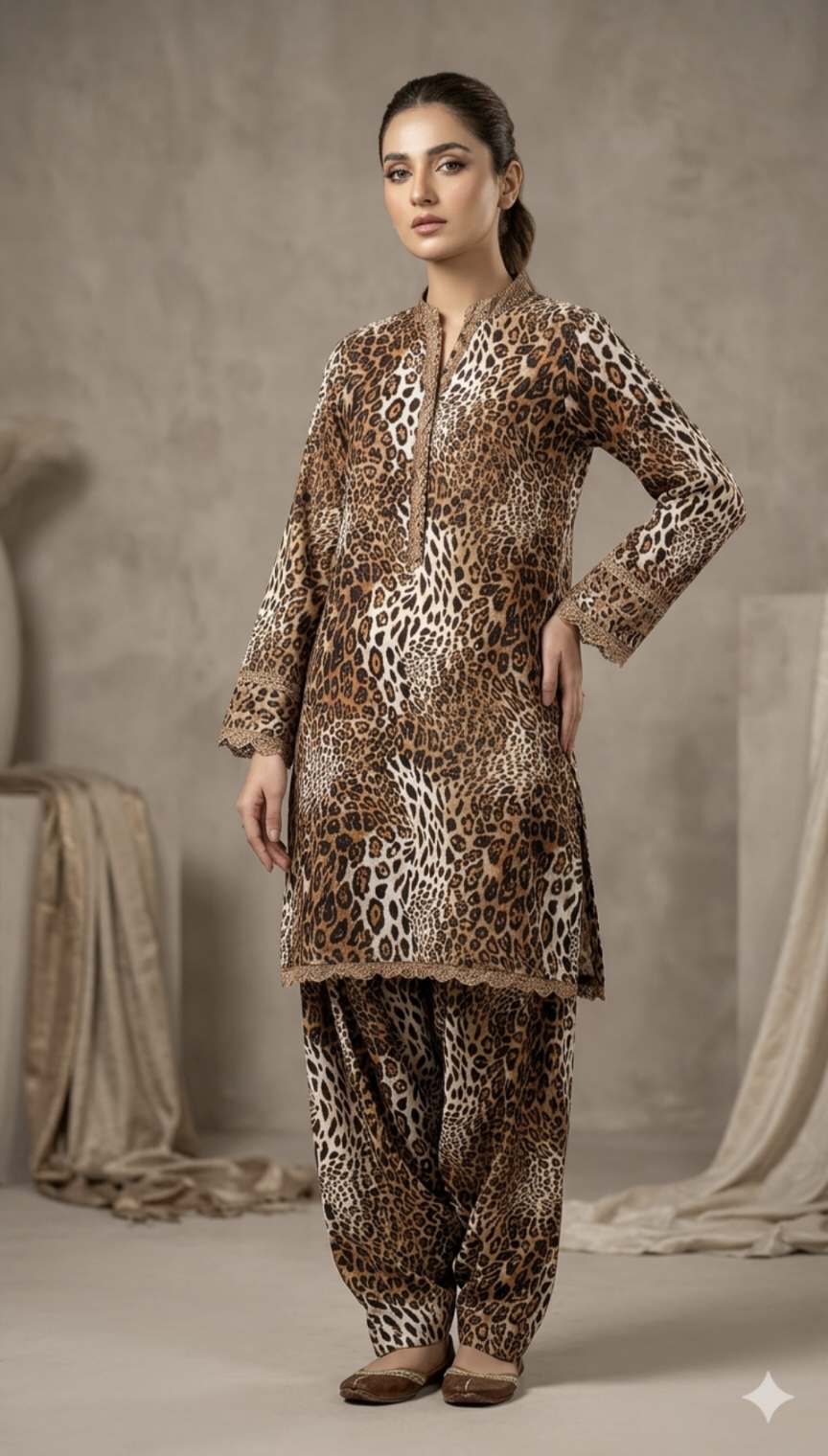 🥳Sale Sale M-506  Rs.1190 Imported Light Weight Tiger Print Summer Silky Lawn Same print Shirt & Truzer 2pc