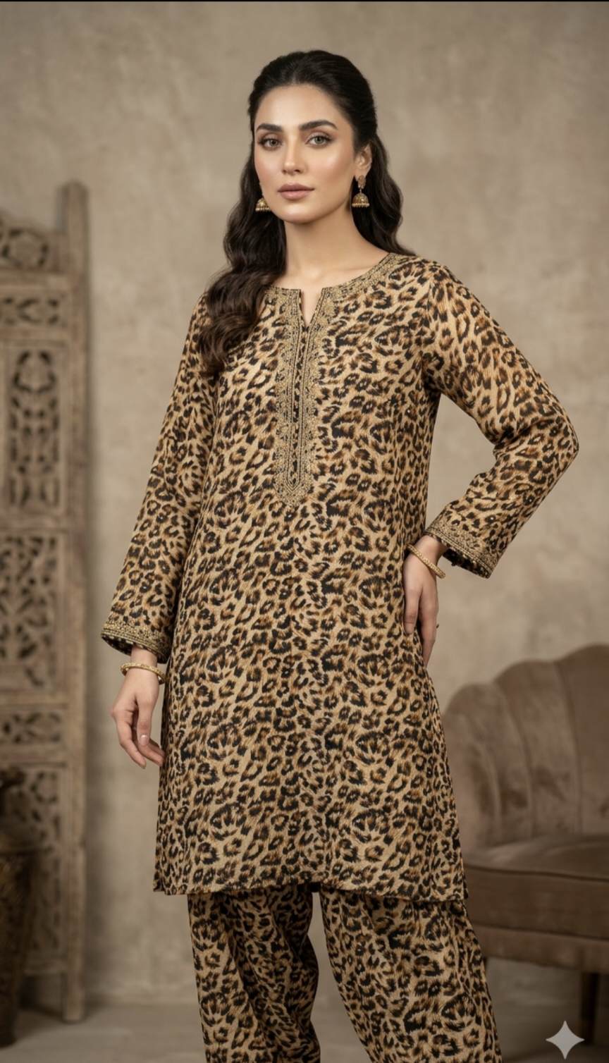 🥳Sale Sale M-505  Rs.1190 Imported Light Weight Tiger Print Summer Silky Lawn Same print Shirt & Truzer 2pc