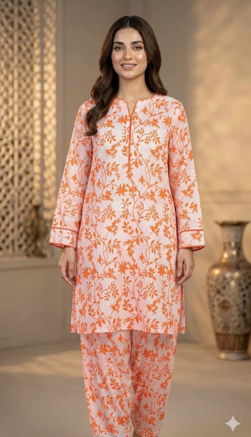 🥳 Sale Sale M-487 Rs.1590 Imported Digital Bana Dorria Hi-Lighter Color pure Summer  Lawn Same print Shirt & Truzer 2pc