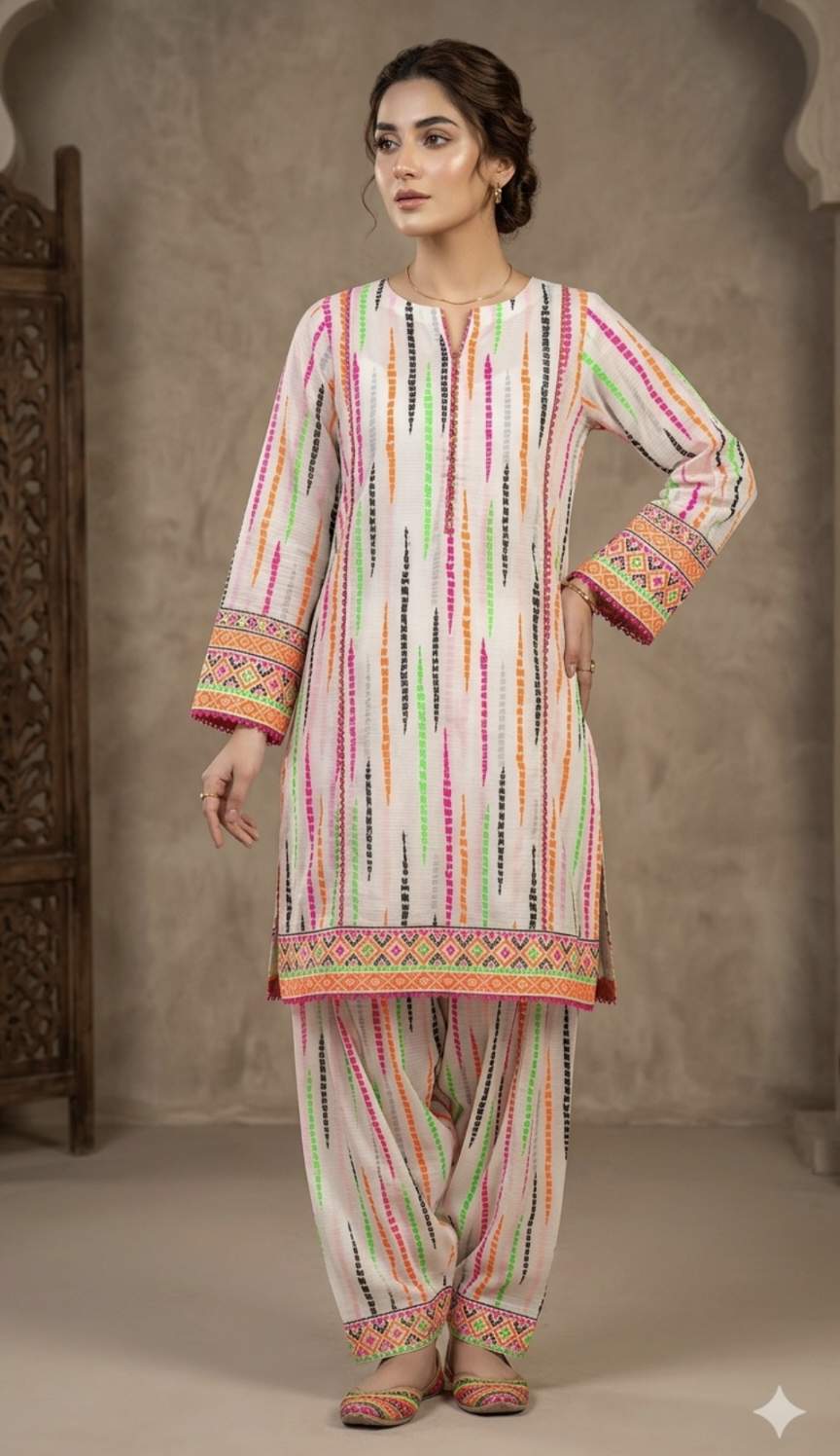 🥳 Sale Sale M-486 Rs.1590 Imported Digital Bana Dorria Hi-Lighter Color pure Summer  Lawn Same print Shirt & Truzer 2pc