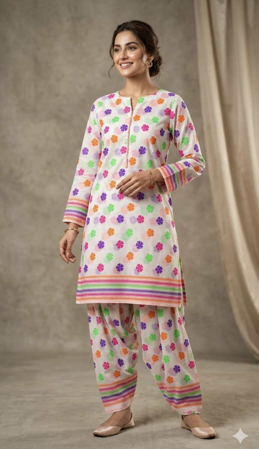 🥳 Sale Sale M-485 Rs.1590 Imported Digital Bana Dorria Hi-Lighter Color pure Summer  Lawn Same print Shirt & Truzer 2pc
