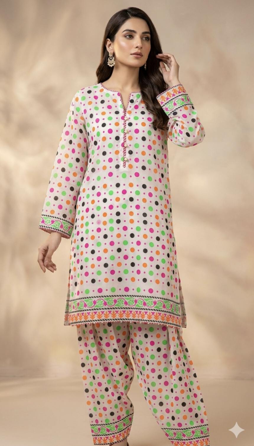 🥳 Sale Sale M-484 Rs.1590 Imported Digital Bana Dorria Hi-Lighter Color pure Summer  Lawn Same print Shirt & Truzer 2pc