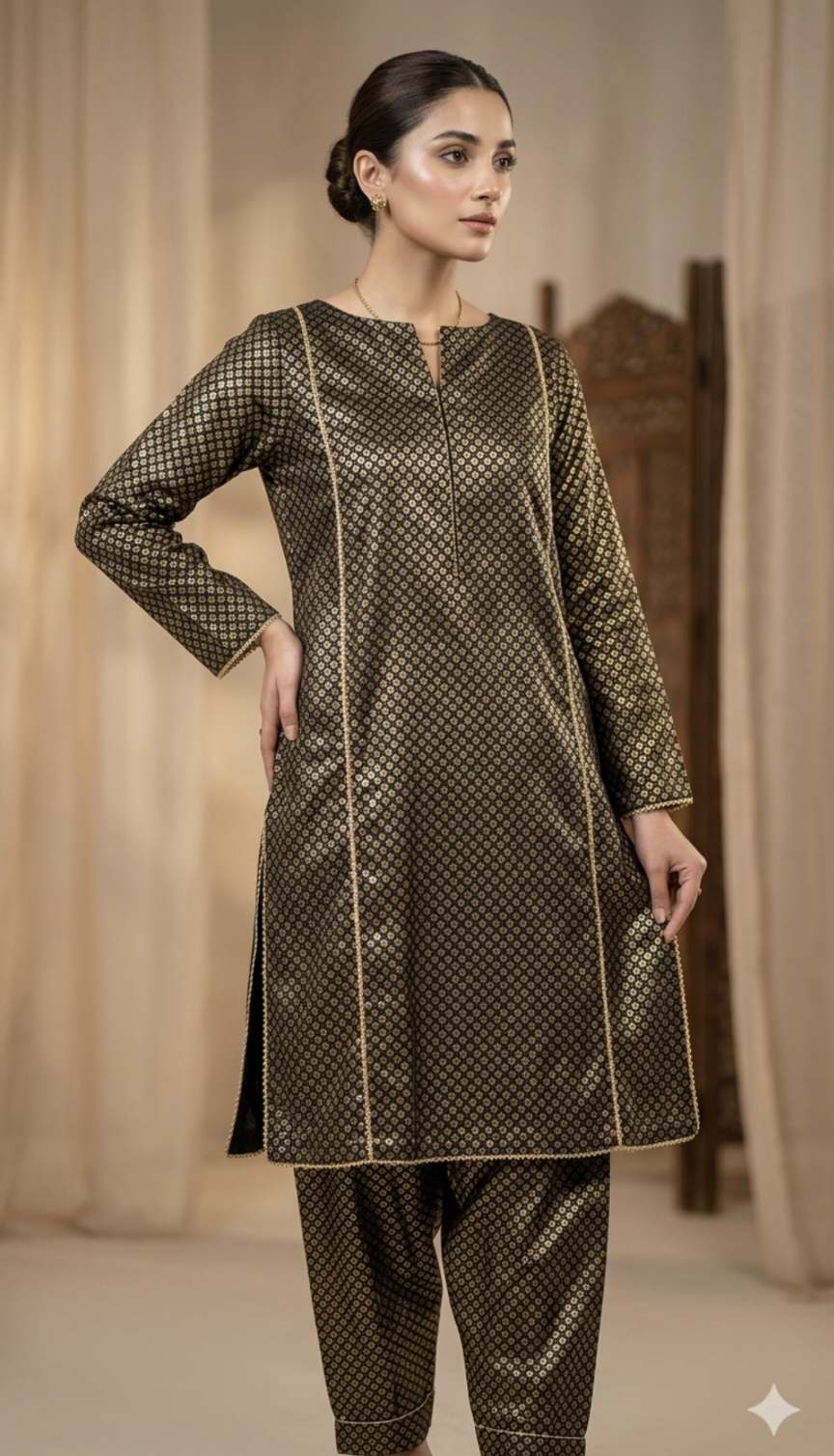 🥳 Sale Sale M-529 Rs.1090 😱..Imported Gold Zaree Block Print Pure Summer Lawn Same Print Shirt & Truzer 2pc