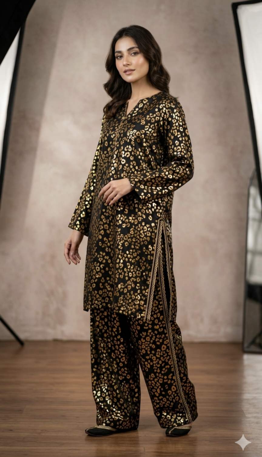 🥳 Sale Sale M-522. Rs.1090 😱..Imported Gold Zaree Block Print Pure Summer Lawn Same Print Shirt & Truzer 2pc