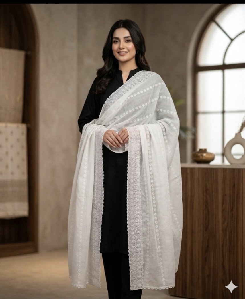 🥳 Sale Sale M-566 Rs.1190 (Dc Free) chickenKari Embroidery Pure Summer Lawn Chadder (2.5 Meter)