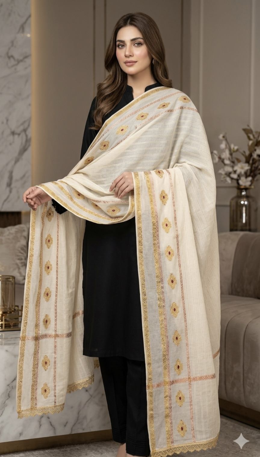 🥳 Sale Sale M-571  Rs.1290 (Dc Free) Tarkashi Broshia Jacquard High quality Lawn Chadder (2.5 Meter)