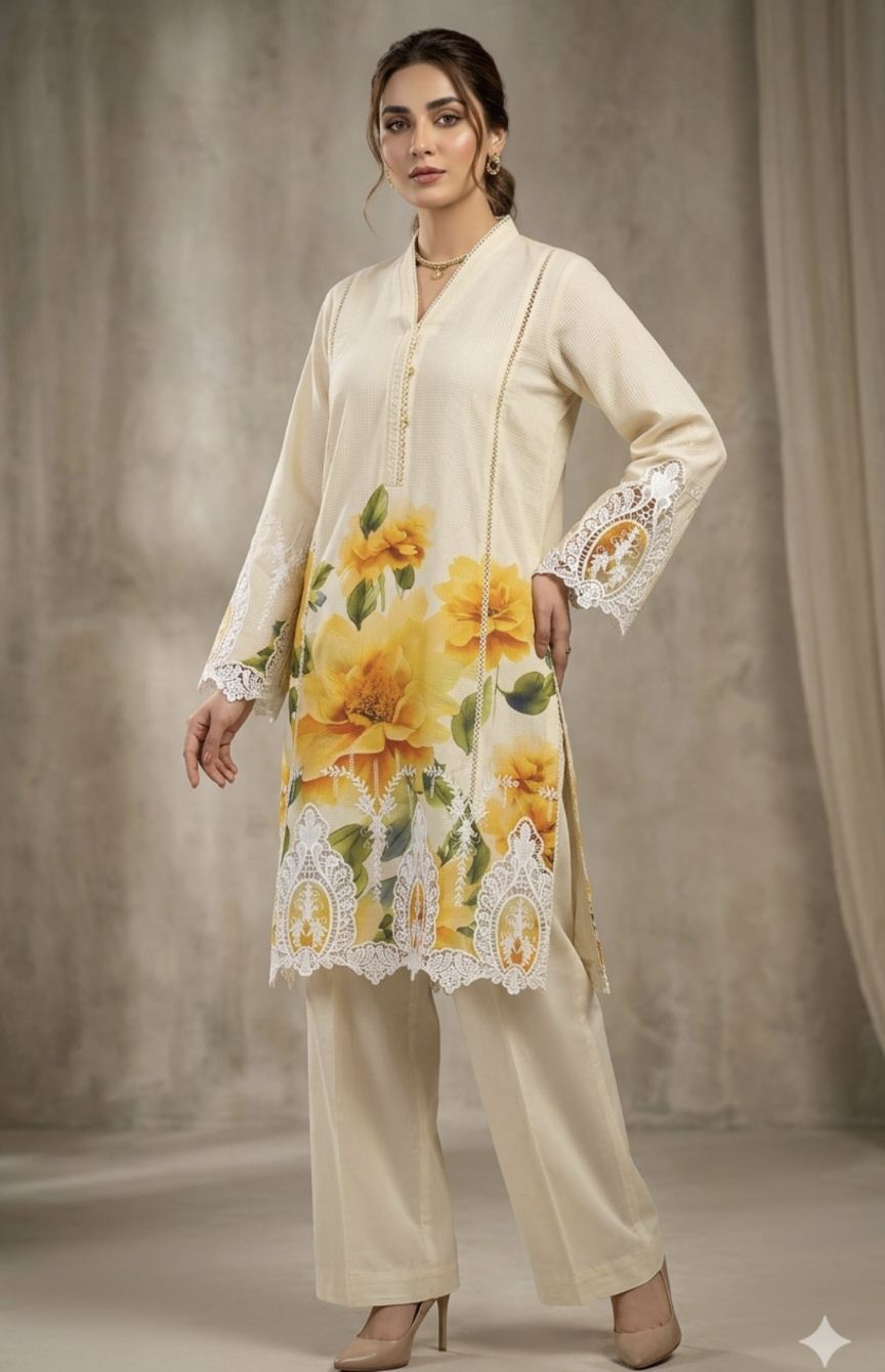 🤣 Sale Sale M-629. Rs.2400 Imported  Most Luxurious Expensive Suit's Shirt ChickenKari Lace Embroidery in Dorria Stuff Shirt ( 2 gaz) Front Back & Bazo embroidery