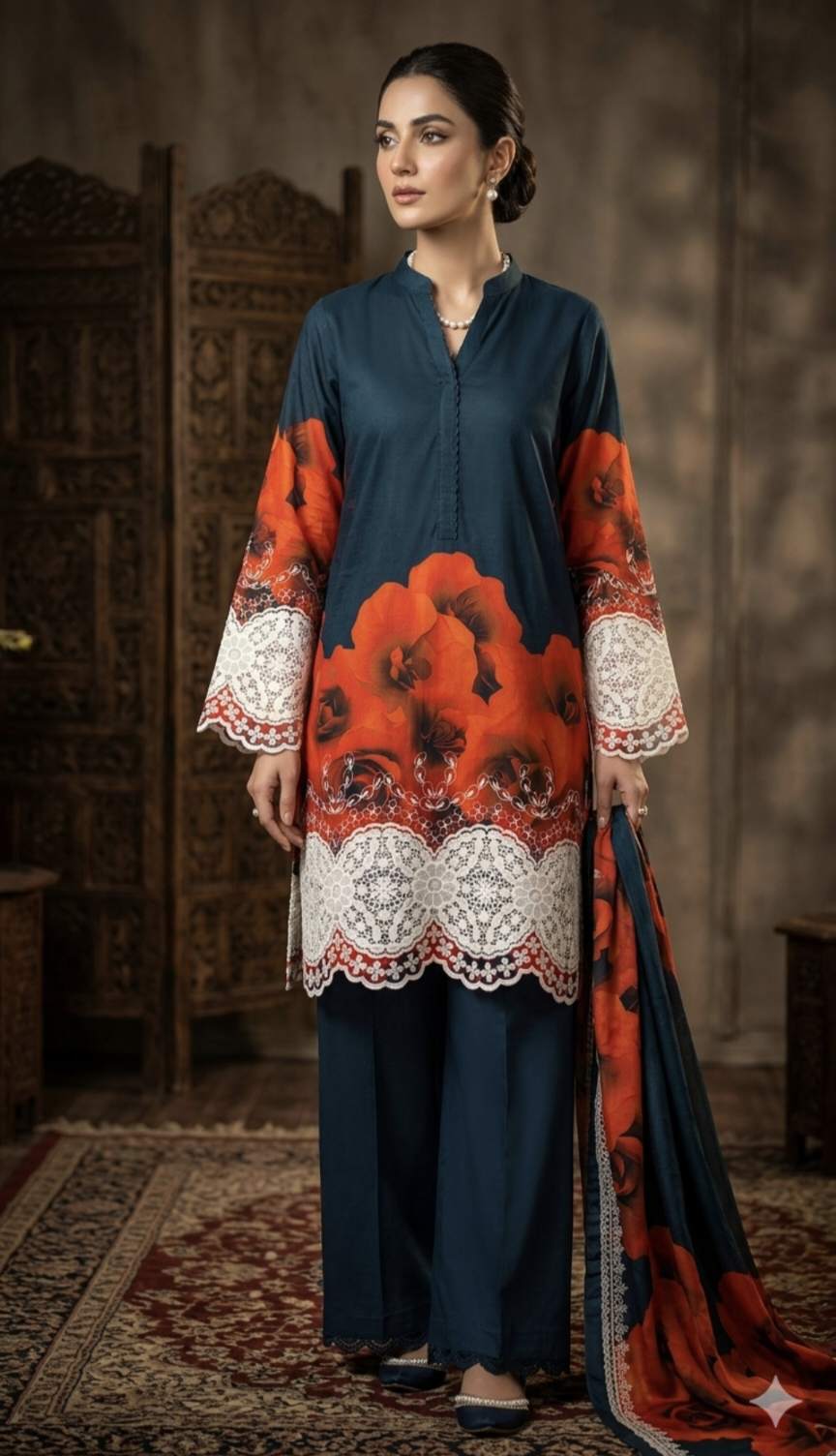 🤣 Sale Sale M-606. Rs.2400 Imported  Most Luxurious Expensive Suit's Shirt ChickenKari Lace Embroidery in Dorria Stuff Shirt ( 2 gaz) Front Back & Bazo embroidery