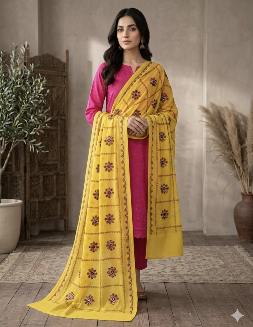 🥳 Sale Sale M-693 Rs.1590 ( DC Free) The Most Hi demanding Bolochi Embroidery jall in  Pure Georgette Stuff Chadder   (2.5 meter)