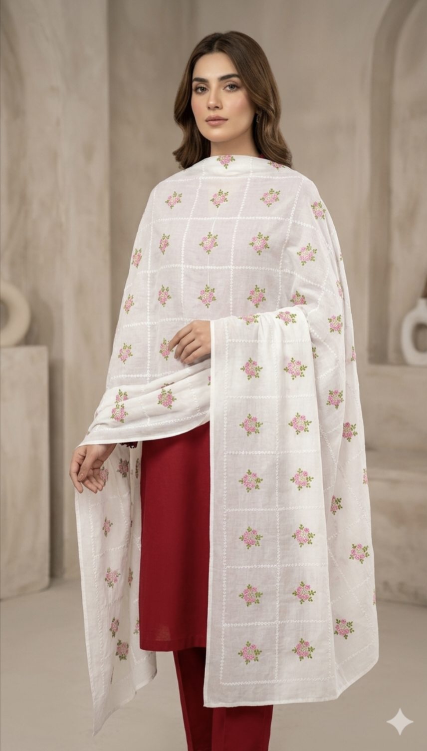 🥳 Sale Sale M- 724 Rs.1290 ( Dc Free)  Imported Tarkashi Embroidery Pure summer Lawn Chadder ( 2.5 meter)